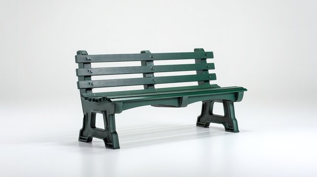 Green Park Bench with Metal Slats and Black Legs