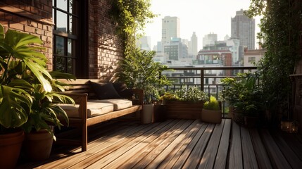 Obraz premium Sunlight shines on a balcony garden in a city with green plants and wooden furniture at dawn