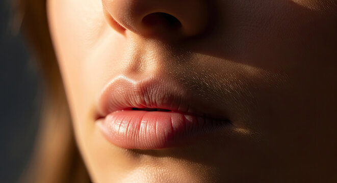 Close-up studio shot of a young woman's mouth and lower nose beautifully lit by warm sunlight showcasing natural skin texture and delicate lips