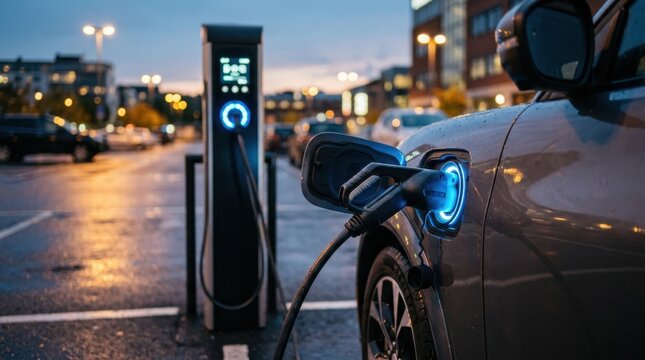 Modern electric vehicle plugged into sleek charging station at dusk, glowing blue LED indicators illuminating the connection point, charging cable taut and secure, urban