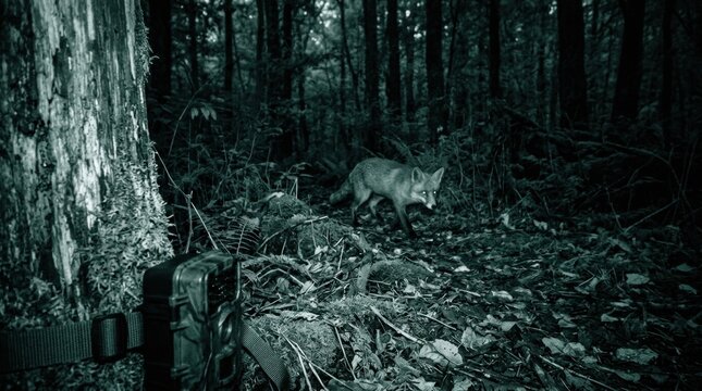 Remote wildlife camera mounted on weathered tree trunk in dense forest, night vision mode capturing nocturnal fox emerging from shadows, moss-covered bark and fallen