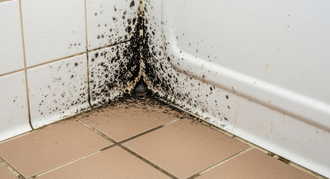 Close-up of unsightly black mold and mildew spreading rapidly across a dirty bathroom corner with white wall tiles and brown floor tiles indicating poor hygiene