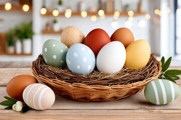Fototapeta premium Easter eggs in a colorful nest on a wooden table with spring decor and lights