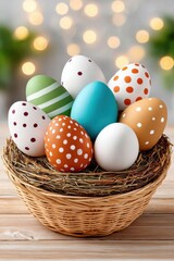Fototapeta premium Colorful Easter eggs in a rustic nest on a wooden table with festive bokeh lights