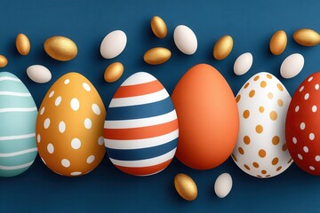 Fototapeta premium Colorful Easter eggs banner with blue background and decorated painted eggs in festive row