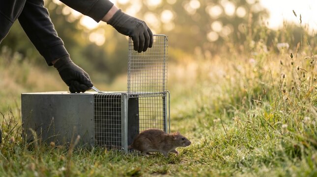 Person in black gloves releasing a brown rat from a metal trap in a grassy field during sunset, with blurred trees in the background