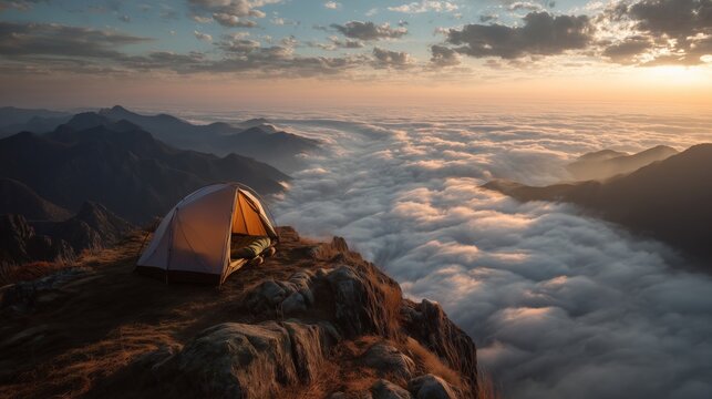 Camping on a mountain peak above the clouds during sunset with a tent and a stunning view of rolling hills and valleys