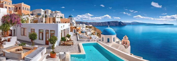 Obraz premium Panoramic view of Santorini white buildings and blue domes overlooking the Aegean Sea with pool