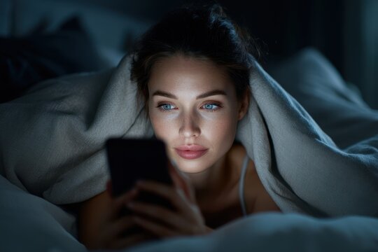 Sleepless night: a weary woman under a blanket with a smartphone symbolizing nomophobia