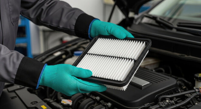 Professional auto mechanic's gloved hands holding a new clean air filter for car engine replacement and routine maintenance service