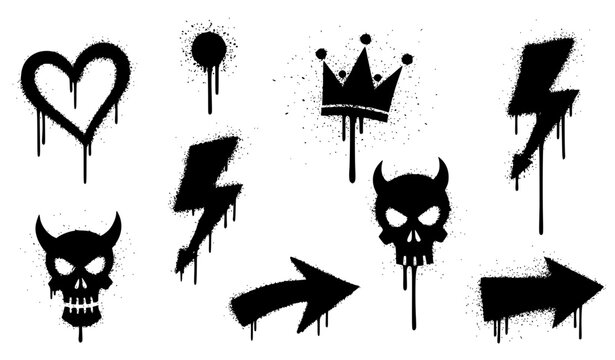 Urban graffiti spray icons with drip effects heart crown skull and lightning vector set