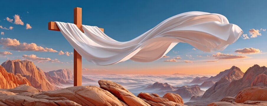 Wooden cross on a mountain ridge with white linen cloth draped, sunrise landscape symbolizing faith and hope