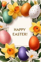Fototapeta premium Happy Easter floral border with watercolor eggs and daffodils for spring celebration