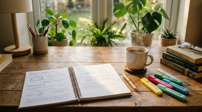 Organized study desk bathed in warm natural window light, open notebook with handwritten notes, wooden desk surface with scattered highlighters, a steaming mug of tea