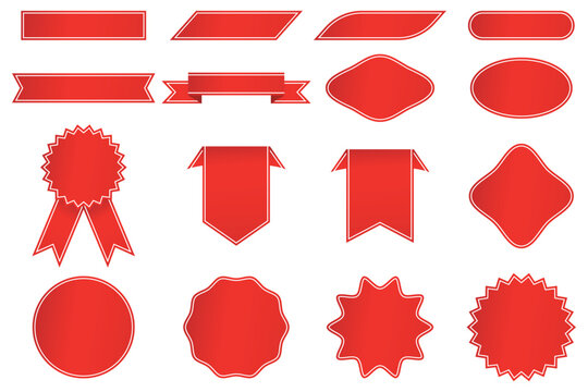 Set of 16 red vector labels and badges, featuring flat design styles such as swallowtail banners, award ribbons with jagged edges, and various geometric frames like parallelograms and circles