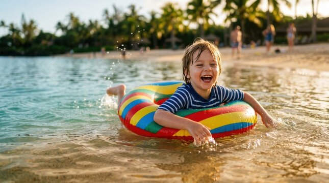 Child laughing while floating in colorful striped inflatable ring in shallow tropical bay water, playful expression, family vacation moment, warm sandy bottom visible