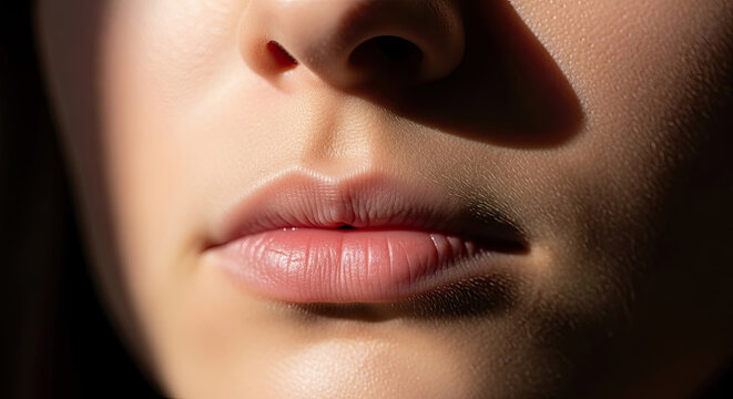 Macro close-up portrait of female lips philtrum and nose illuminated by harsh sunlight creating deep contrasting shadows and highlighting natural skin texture.