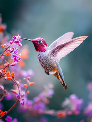 Fototapeta premium Beautiful hummingbird hovering near purple flowers. Macro shot of a tiny colorful bird in flight with blurred background, representing nature, wildlife, and spring garden beauty