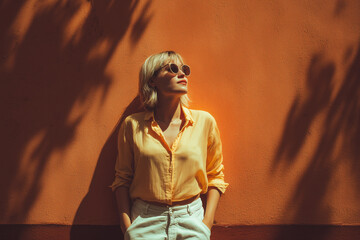 Stylish young woman in sunglasses and yellow shirt posing against an orange wall with leaf shadows. Cinematic summer portrait in warm sunlight, representing fashion and lifestyle