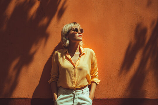 Stylish young woman in sunglasses and yellow shirt posing against an orange wall with leaf shadows. Cinematic summer portrait in warm sunlight, representing fashion and lifestyle