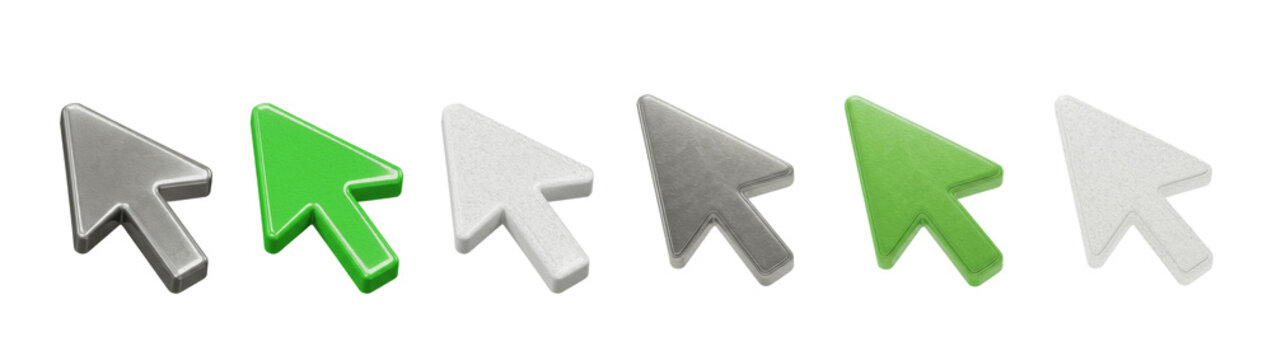 Set of 3D computer mouse cursor arrows in green, grey, and white colors, 3D render of digital pointer clicker icons for web interface and navigation isolated on white background