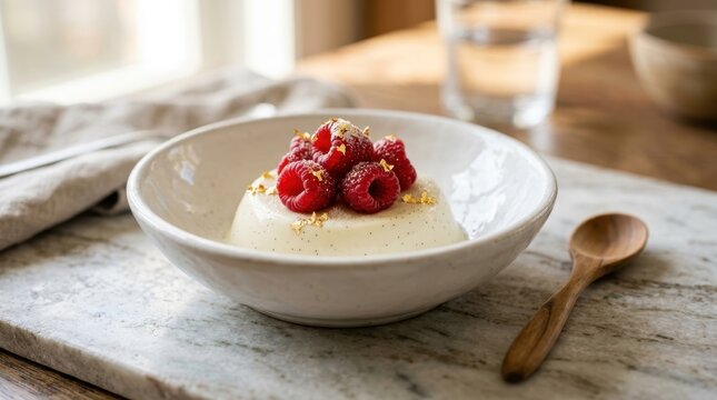 Creamy vanilla panna cotta topped with fresh raspberries and edible gold leaf, sitting in an elegant white ceramic bowl on a marble surface, soft afternoon light casting