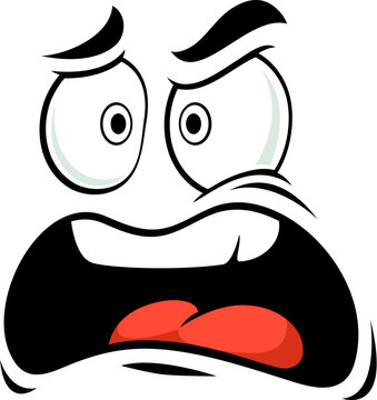 Cartoon face with furious expression. Character with heavy slanted brows, bulging eyes and gaping black mouth with red tongue. Angry emotion face for social media reactions and stickers