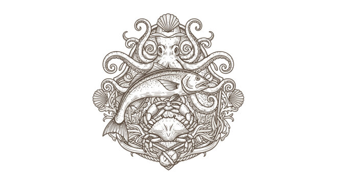 Vintage Engraved Nautical Emblem: Octopus, Fish, Crab, Shells, Anchor