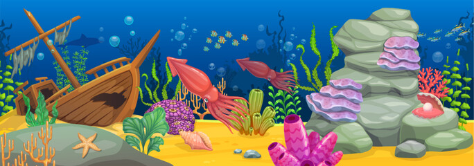 Underwater landscape game background. Marine life vector background. Ocean underwater landscape backdrop with giant squids, fish school, sunken ship, stones, shells and seaweeds on sand bottom © Vector Tradition