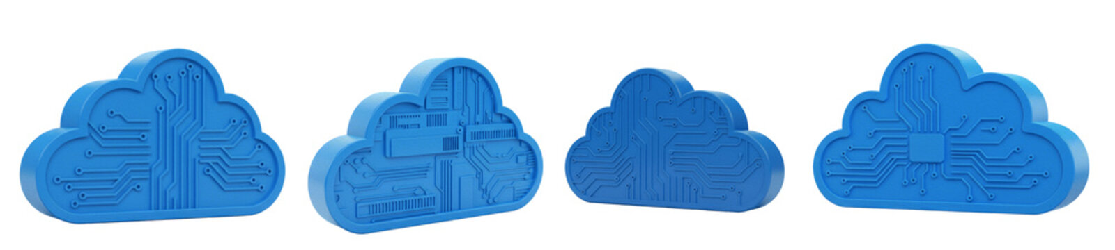 Set of blue cloud computing icons with internal circuit patterns and network symbols, 3d render of digital data storage and global server technology isolated on white background
