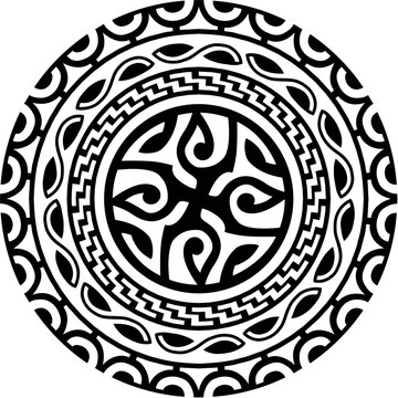 Maori sun medallion tribal graphic tattoo or decor. Maori tribe abstract tattoo, Polynesian warrior graphic decoration. Samoan ethnic folk print