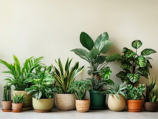 Fototapeta premium Lush Indoor Plants Arrangement in Various Pots Against Soft Wall