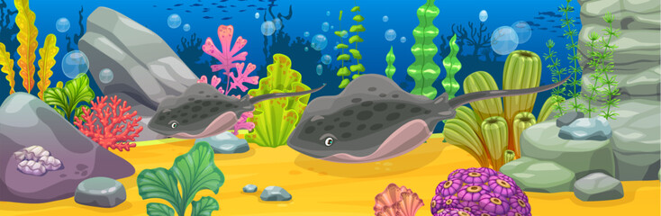 Underwater landscape game background with stingray or manta. Coral reef life vector backdrop, marine underwater landscape with stingrays cartoon characters, rocks, corals and seaweeds on ocean bottom © Vector Tradition