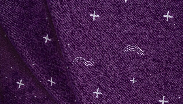 Purple textured fabric with traditional white embroidery pattern