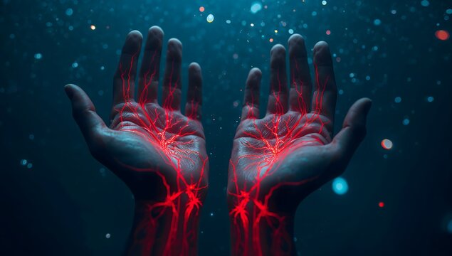 Ethereal photograph of hands with glowing red circulatory system
