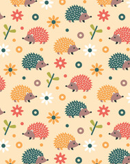 A repeating pattern of cute hedgehogs flowers and colorful shapes © Abdul