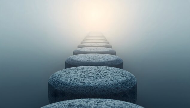 Stepping stones in the mist leading toward a bright glowing light