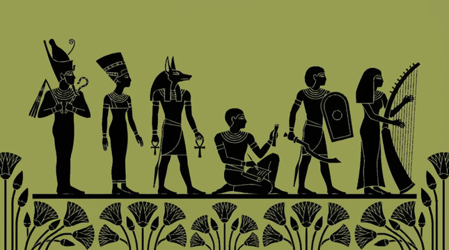 Ancient Egyptian figures in silhouette, including deities and humans, against a green background with lotus flower border.