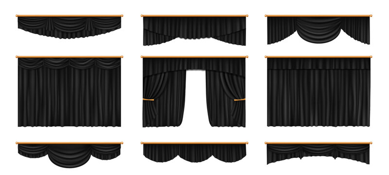 Theater stage black curtains. Realistic 3d vector set of dark valances with swags drapes, tiebacks and rods. Charcoal theater curtains for stage performance, theatrical, cinematic, presentation events