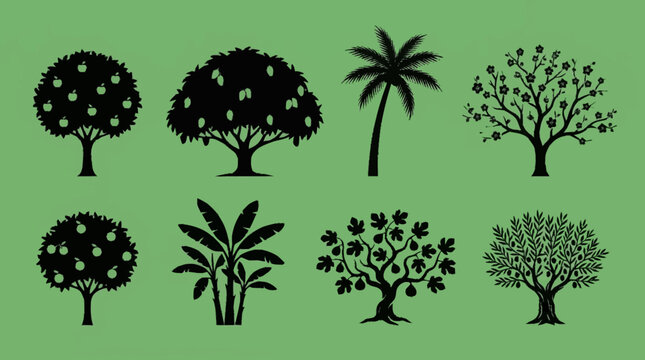 A collection of eight distinct black silhouette illustrations of various fruit-bearing trees and plants against a solid green background.