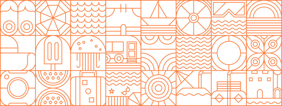 Abstract geometric summer travel and vacation Bauhaus pattern. Vacation season Bauhaus abstract shapes vector backdrop, tourism pattern. Summer travel print with waves, ice food, suitcase and sun