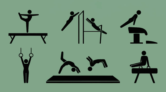 Collection of stylized black stick figures performing various artistic gymnastics routines on different apparatus.