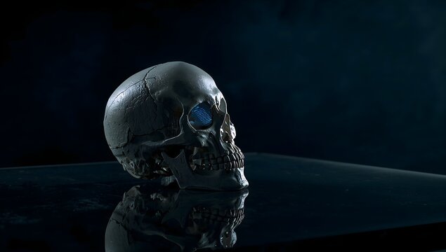Futuristic human skull with glowing digital blue matrix data inside