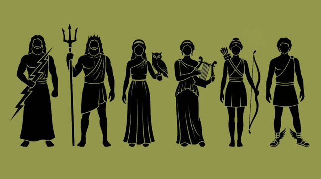 Silhouettes of the Seven Olympian Gods of Ancient Greece depicted with their iconic symbols.