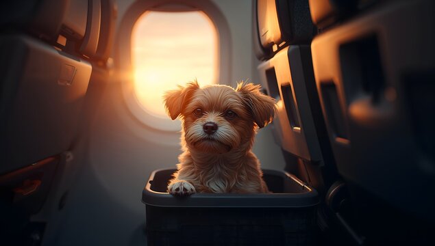 Cute small fluffy dog sitting in a carrier inside an airplane cabin