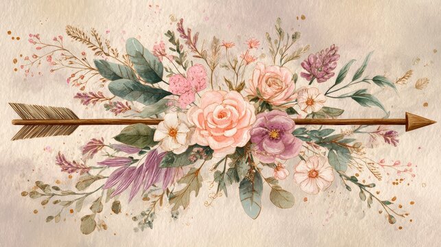 Rustic watercolor floral arrow bouquet illustration with soft pastel blossoms