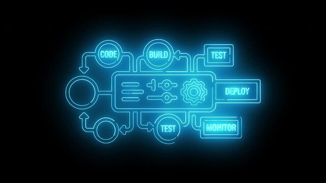 Glowing blue neon circuit diagram with code and test labels on a black background.