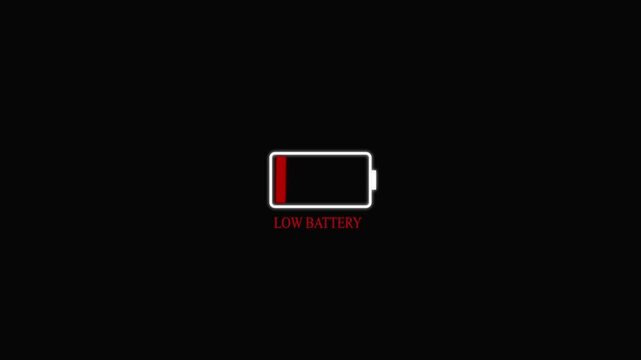 Animation featuring a low battery text icon against a black background, ideal for digital and tech-themed projects. Low battery animation.