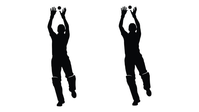 Silhouette of a cricket wicket keeper in a catching pose duplicated for emphasis