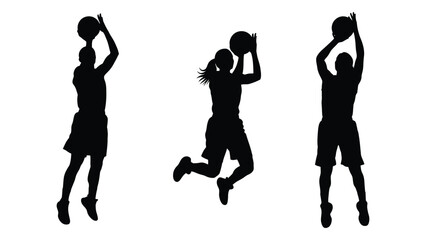 Silhouettes of three netball players in action preparing to shoot at the goal © MDSAEEM